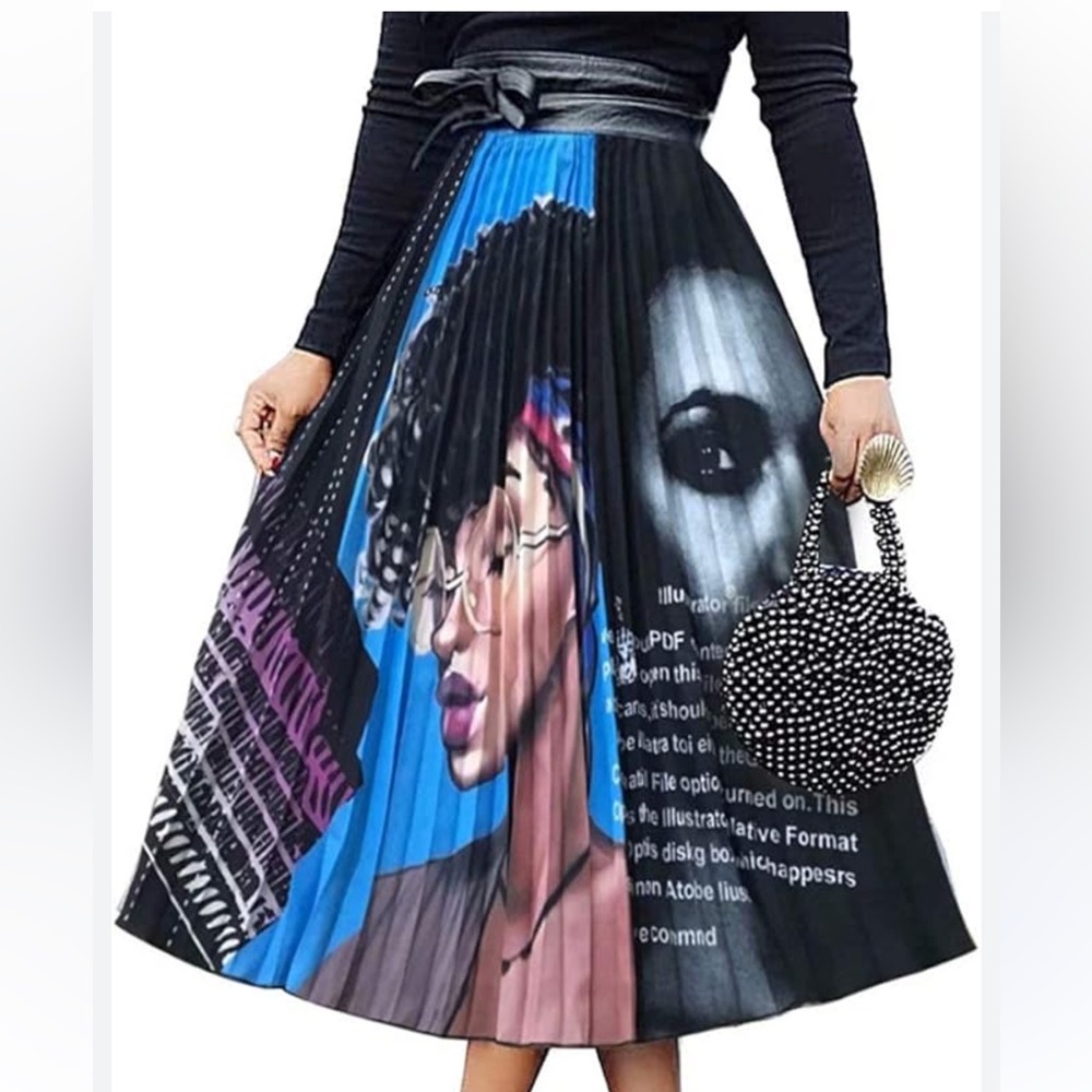 ThusFar Women's Graffiti Pleated Elastic Waist A-Line Swing Midi Skirt large - Picture 2 of 10